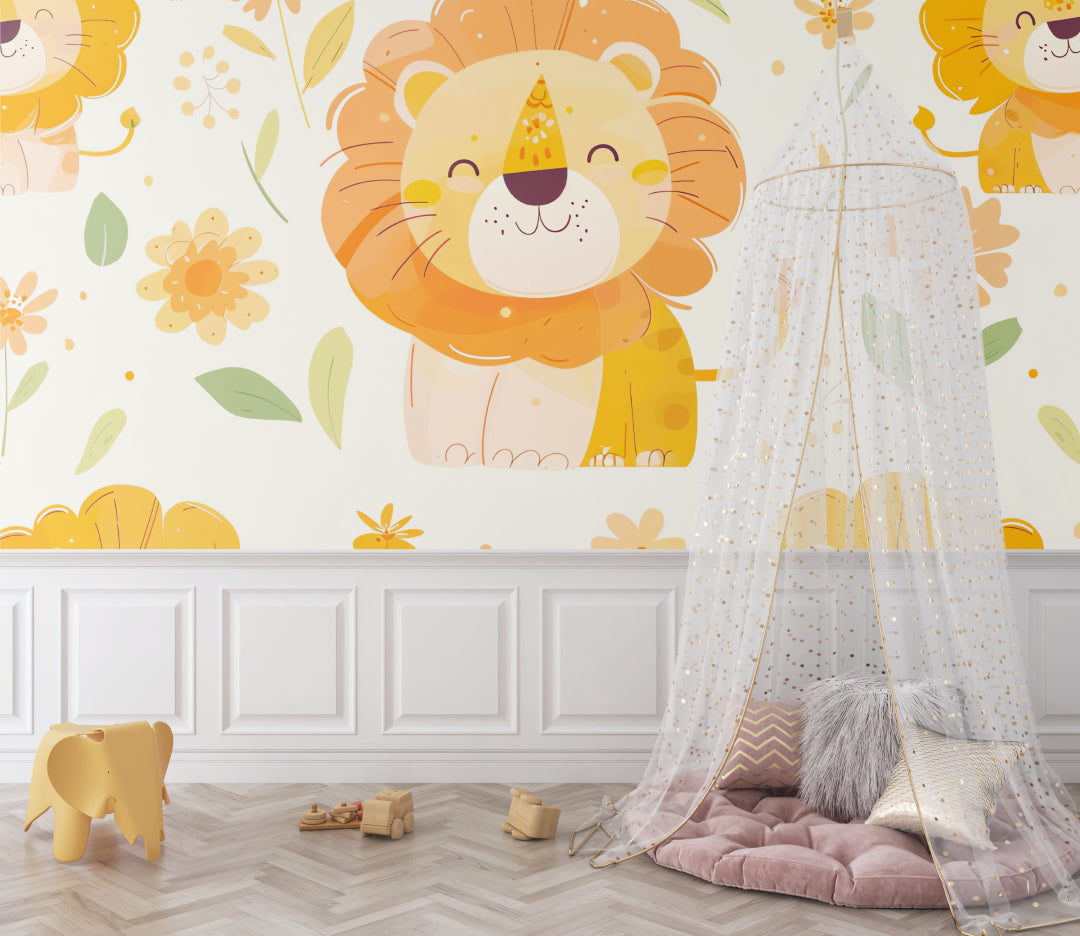 Cute Lion Wallpaper in shared kids bedroom with bunk beds