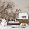 Lion wallpaper mural styled in modern living room with neutral furniture