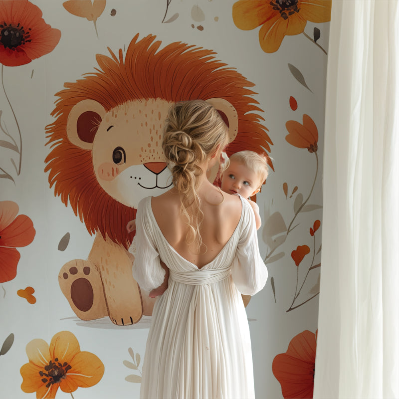 Lion cub safari wallpaper in bright nursery with white furniture and natural light