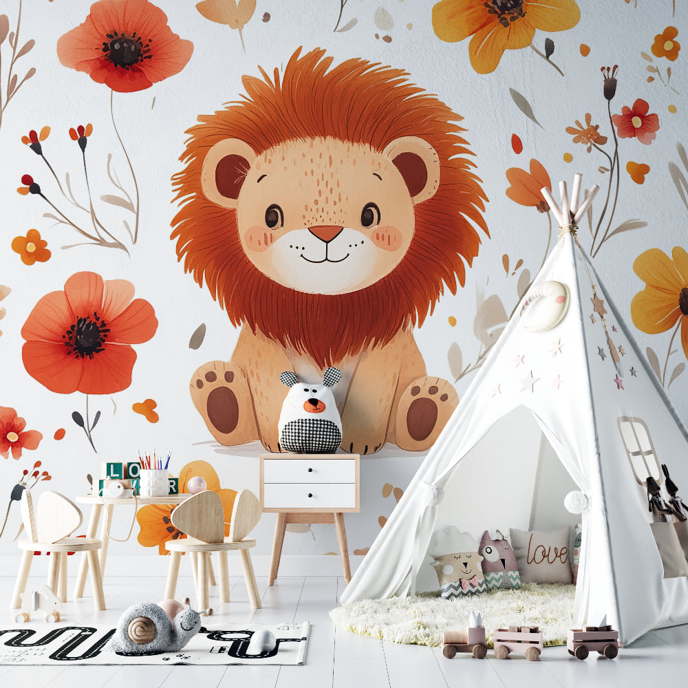 Safari lion wallpaper creating cozy reading nook in children's bedroom