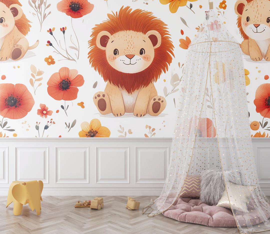 Floral lion wall mural in modern playroom with wooden toys