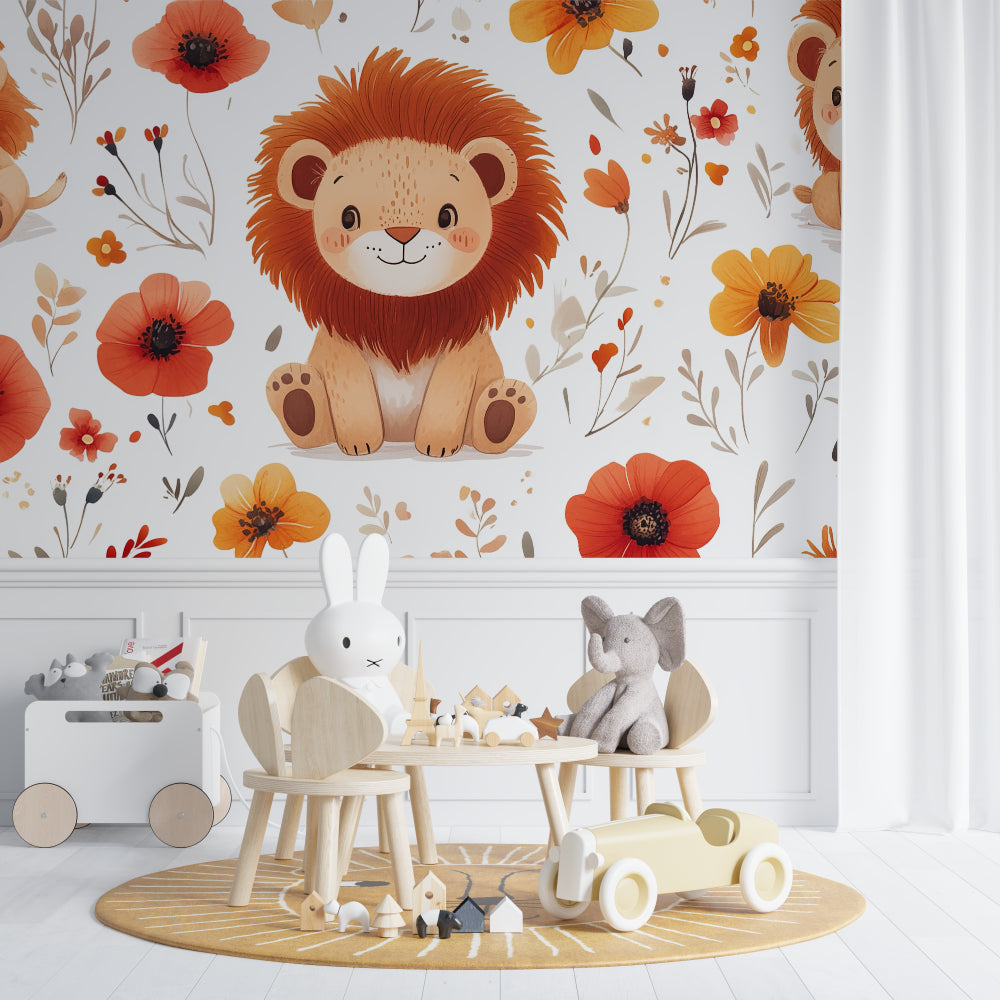 Sweet lion cub wallpaper in baby room with orange accents