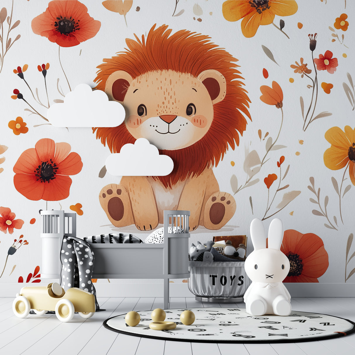 Safari lion mural bringing warmth to minimalist kids bedroom