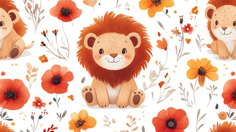 Design file of sweet lion cub with orange floral pattern on light background