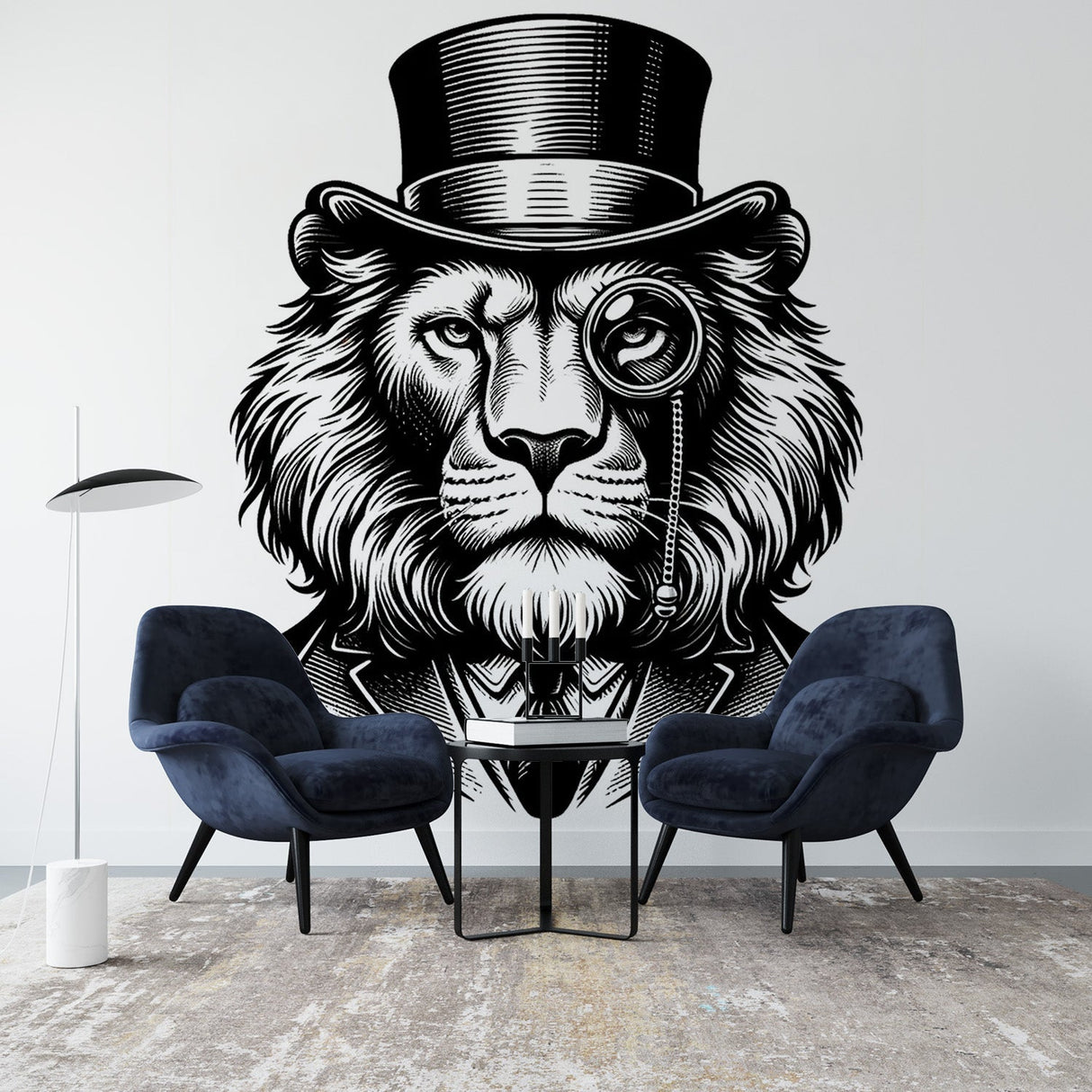 Black and white lion wallpaper with gentleman style shown in a modern office space, creating an eye-catching feature wall