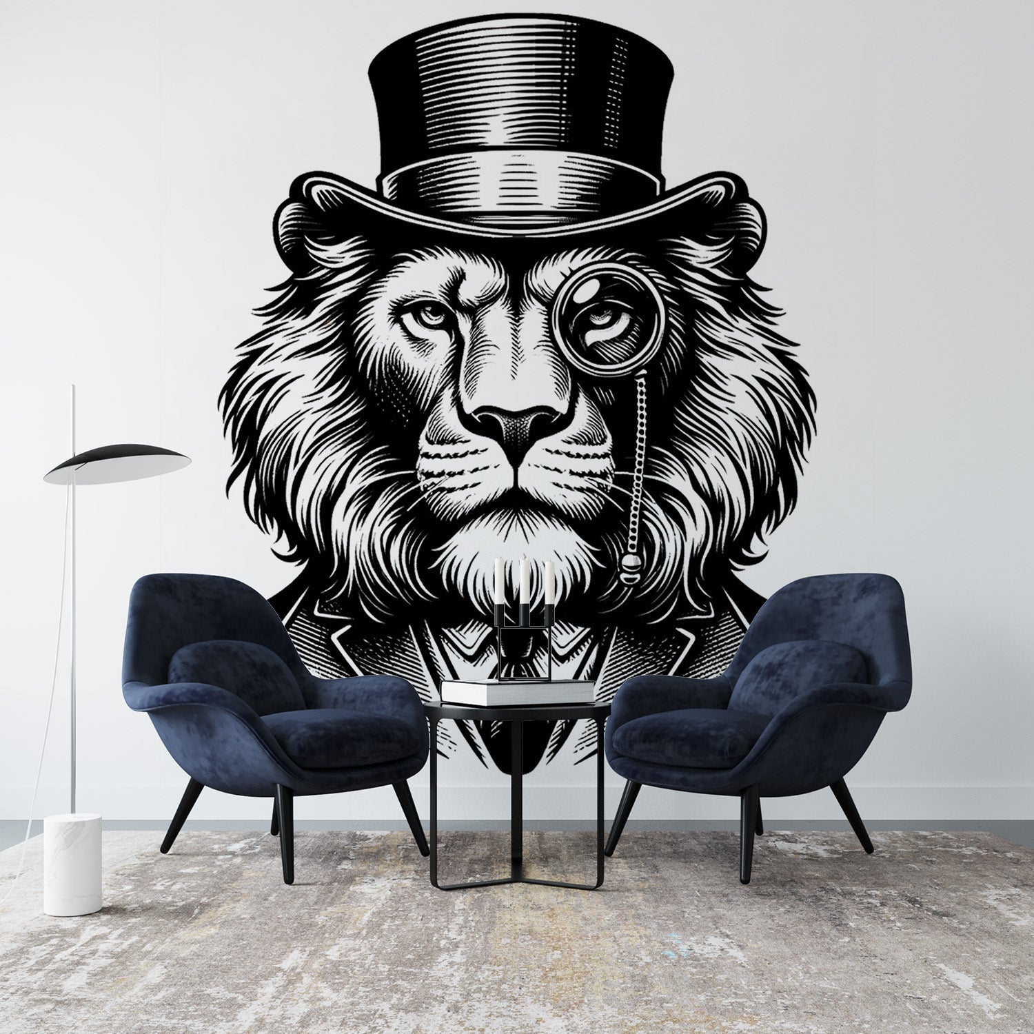 Black and white lion wallpaper with gentleman style shown in a modern office space, creating an eye-catching feature wall