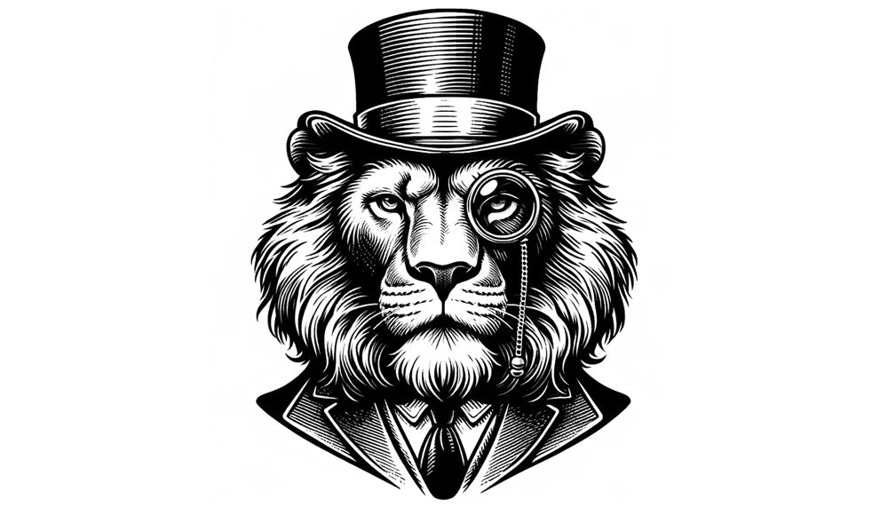 Vintage gentleman lion wallpaper design file showing detailed black and white pattern with top hat and monocle