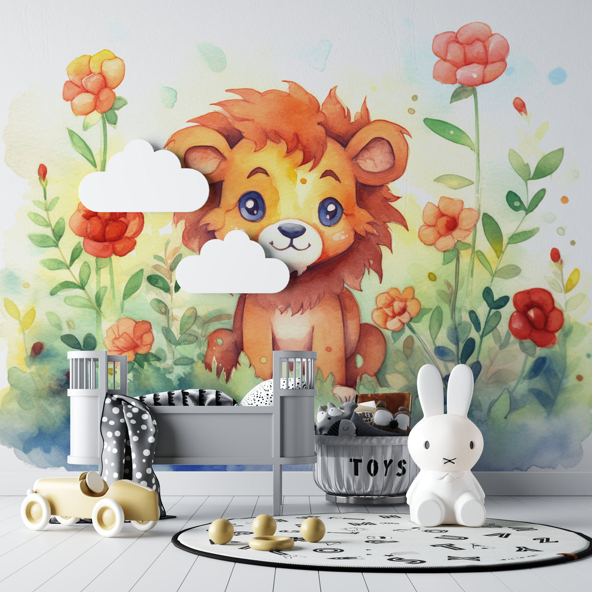 Lion garden wallpaper in bright nursery with white furniture showing sweet watercolor design