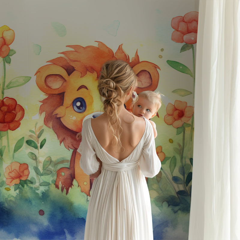 Watercolor lion mural in child's bedroom with natural light highlighting floral details