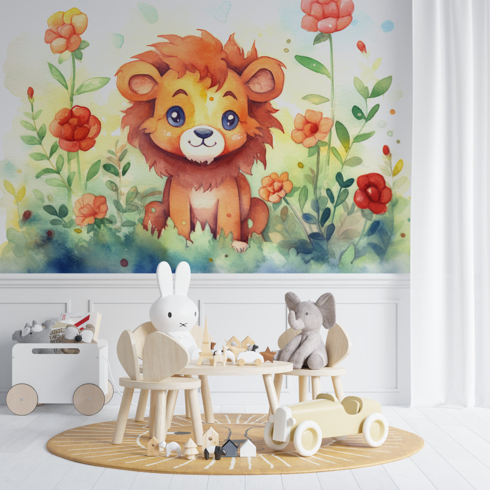 Baby lion wallpaper creating cozy reading nook in playroom corner