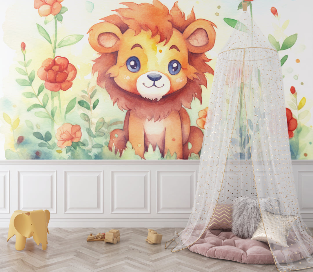 Lion garden mural in modern kids room showing scale and color harmony