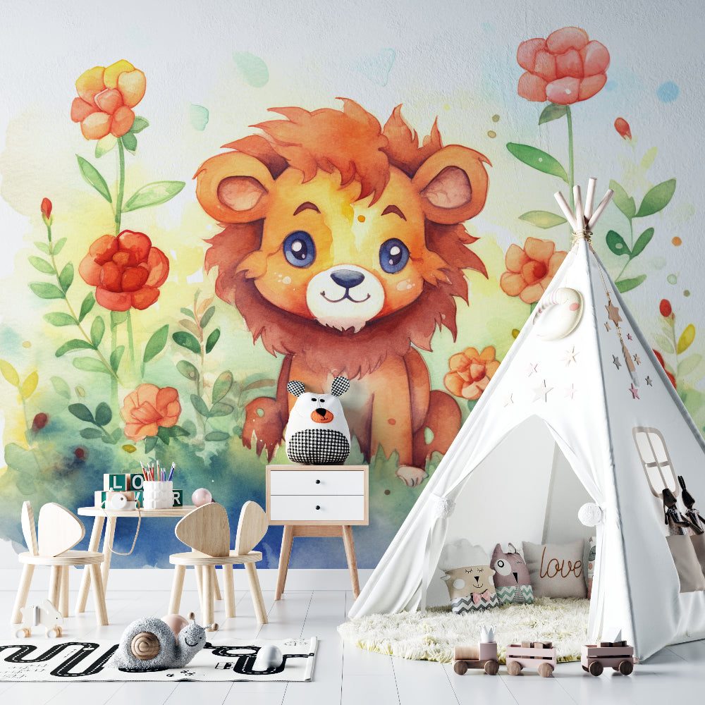 Floral lion wallpaper bringing charm to baby nursery with crib setup