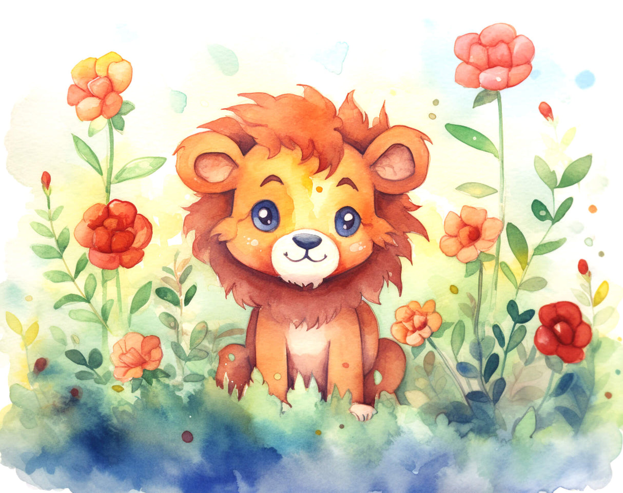 Lion garden wallpaper design file showing complete watercolor pattern and florals