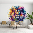 Rainbow Lion Watercolor Wallpaper creating a stunning focal point in modern living room with white furniture