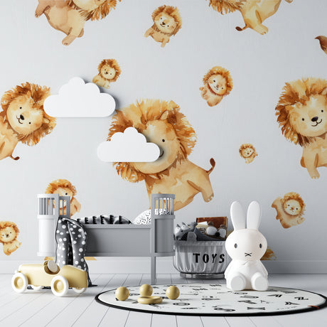 Lion Safari Wallpaper creating a cozy atmosphere in a modern nursery with white furniture