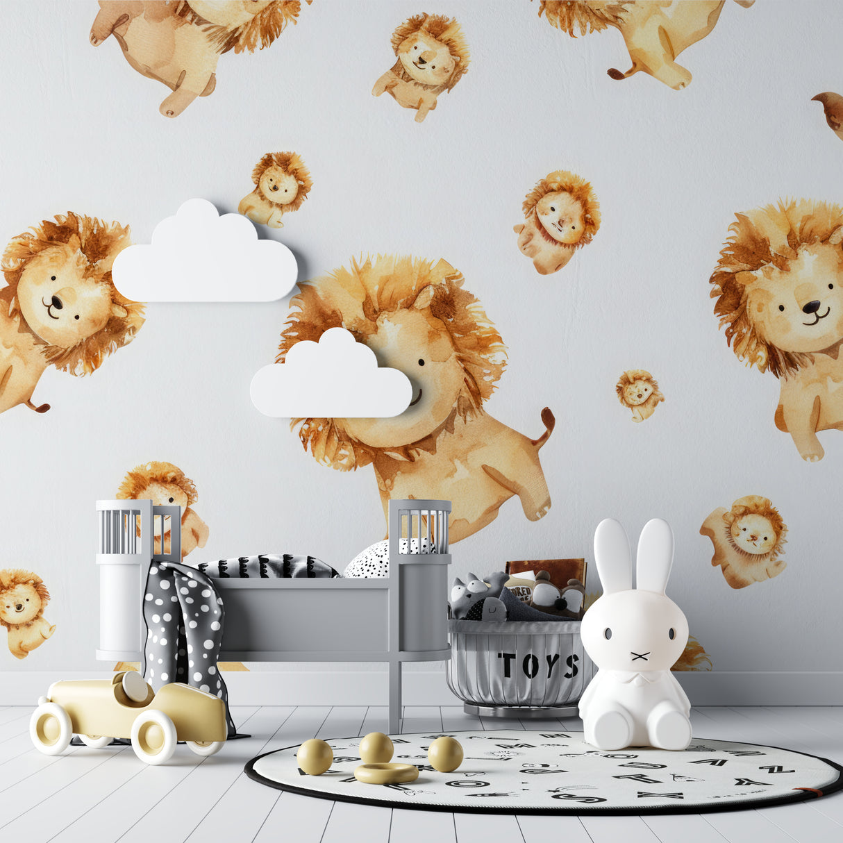 Lion Safari Wallpaper creating a cozy atmosphere in a modern nursery with white furniture