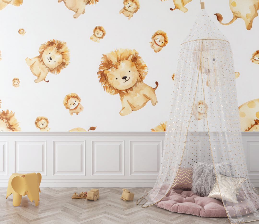 Watercolor Lion Wallpaper brightening up a kid's playroom with natural light
