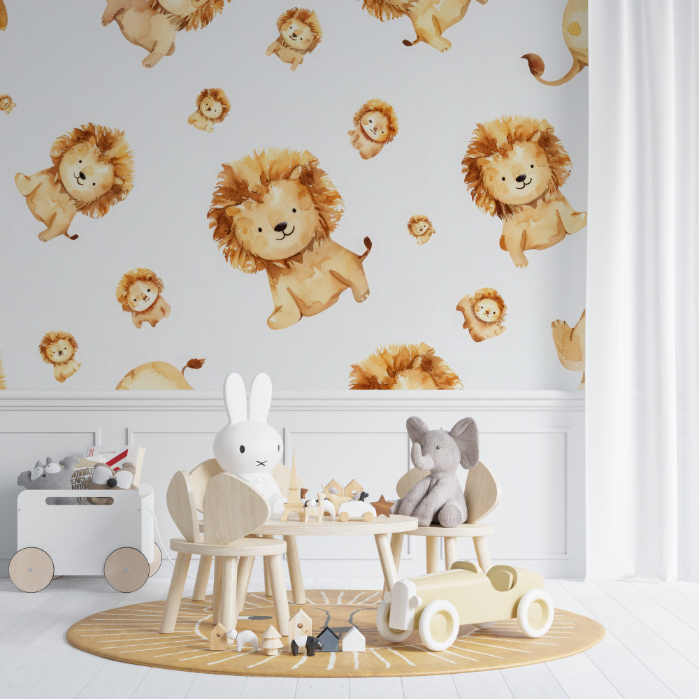 Safari Lion Wallpaper in a baby's room with wooden accents