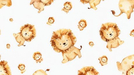 Lion Safari Wallpaper design file showing full pattern with watercolor lions and white clouds