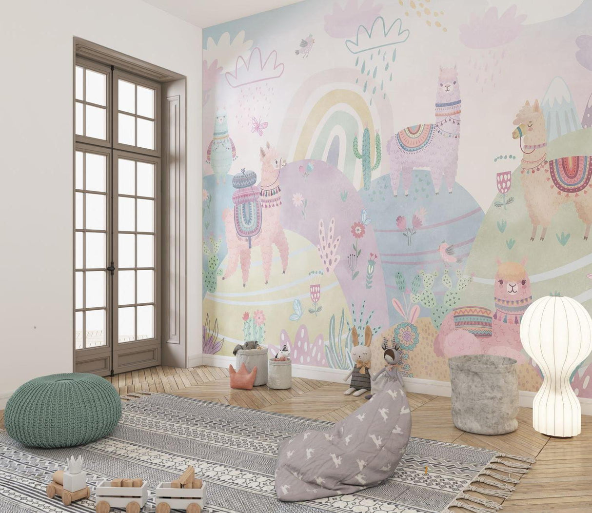 Desert llama wall mural transforming a kids playroom into a magical storytelling space with gentle pastels