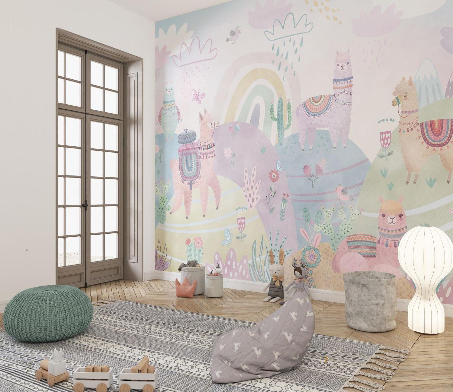 Desert llama wall mural transforming a kids playroom into a magical storytelling space with gentle pastels