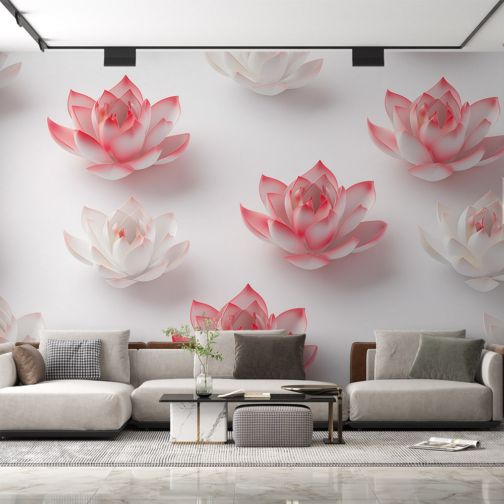 3D Pink Lotus Wallpaper creating a peaceful atmosphere in a modern bedroom with natural light highlighting the floating blooms