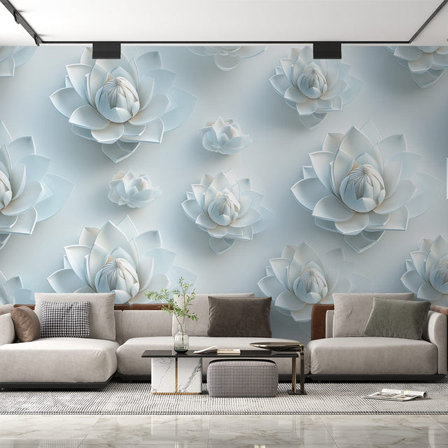 3D white lotus wallpaper mural creating a serene atmosphere in a modern living room with natural light
