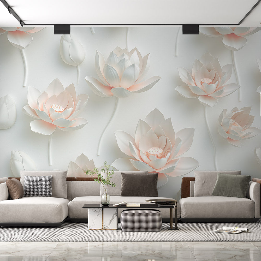 Lotus 3D relief wallpaper creating serene atmosphere in modern white bedroom with natural light highlighting the floral details