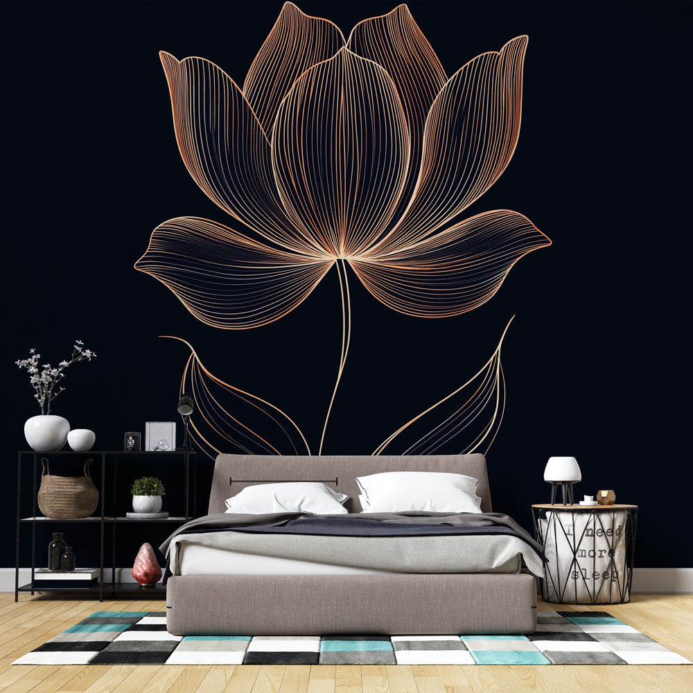 Luxury black and gold Lotus Line Art Wallpaper creating a stunning accent wall in a modern living room with mood lighting