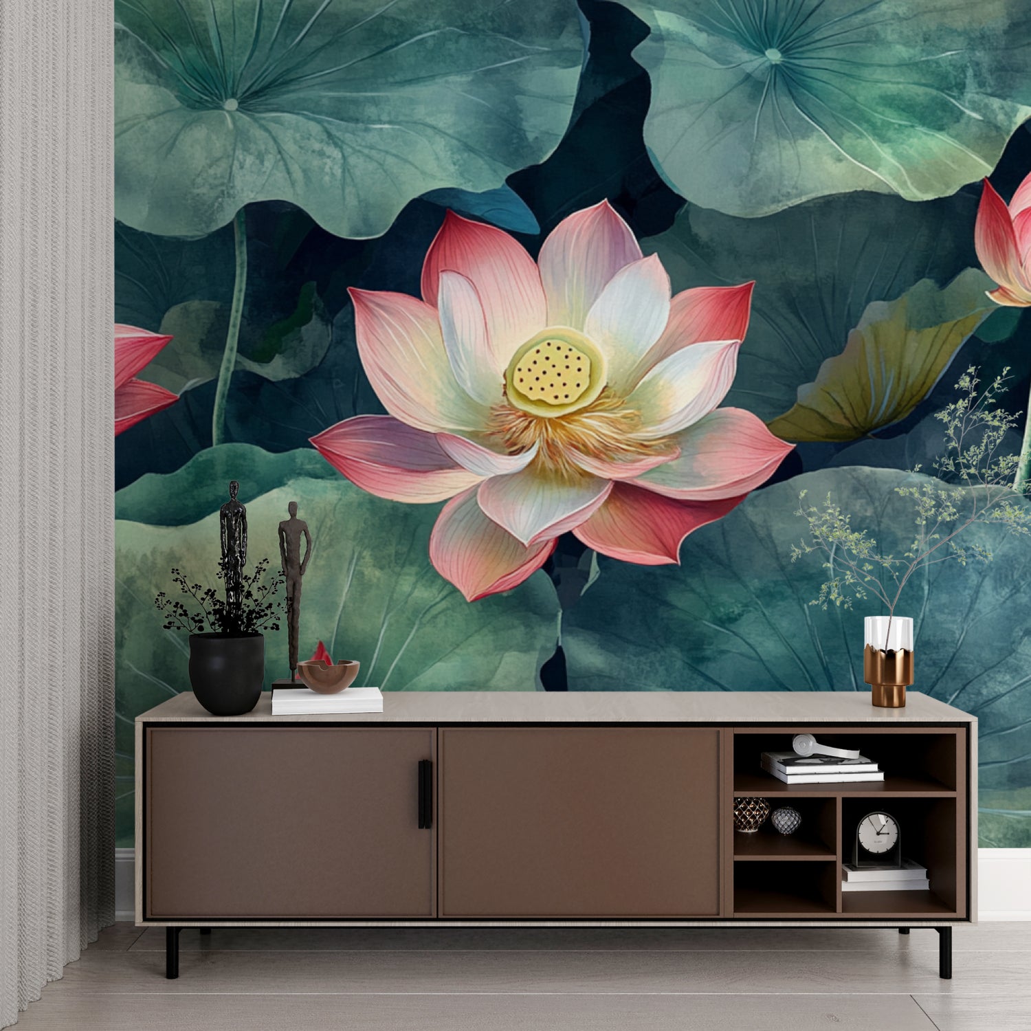 Lotus Wall Mural in master bedroom with soft pink and green tones