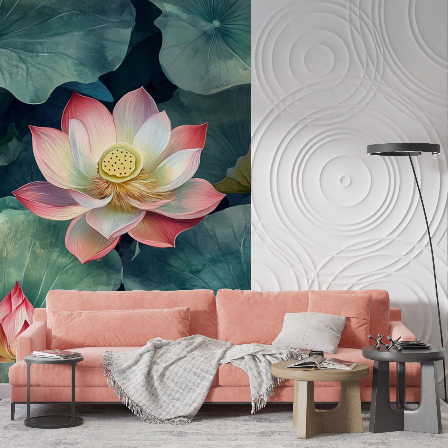 Botanical Lotus Wallpaper in yoga studio showing scale and detail