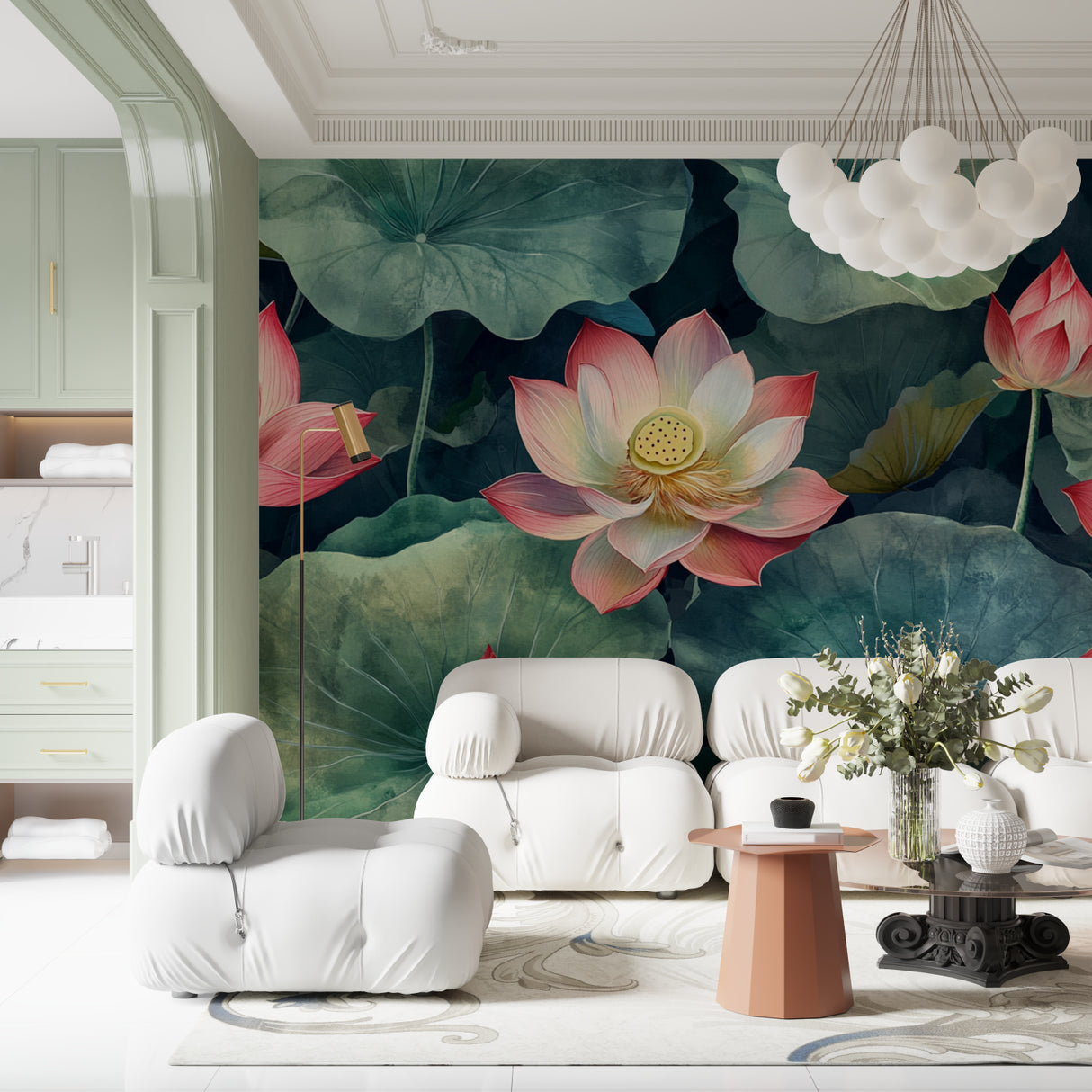 Pink Floral Wallpaper in dining room with natural lighting