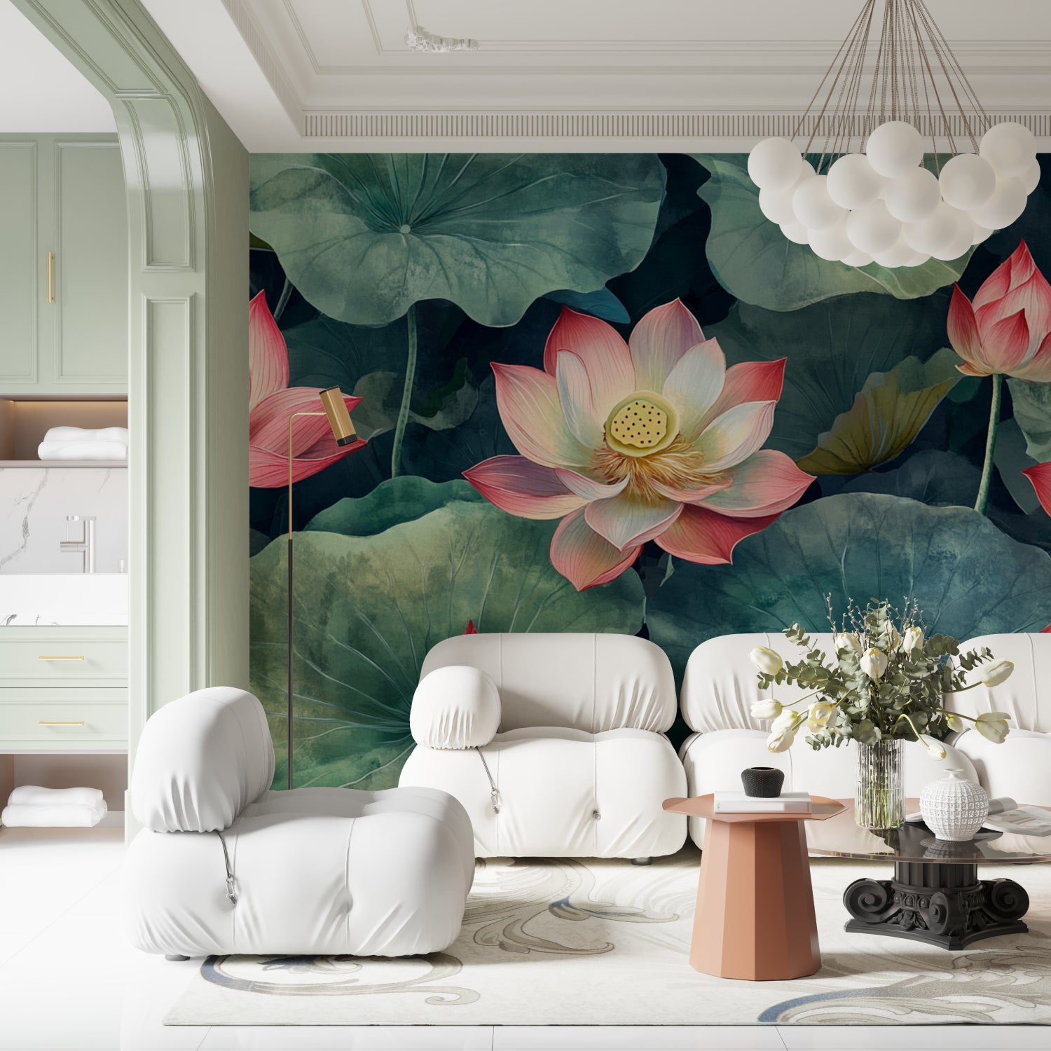 Pink Floral Wallpaper in dining room with natural lighting