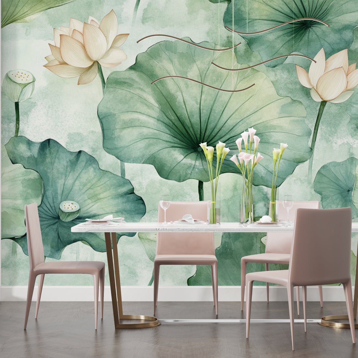 Lotus leaf wallpaper creating a serene atmosphere in a modern living room with natural light
