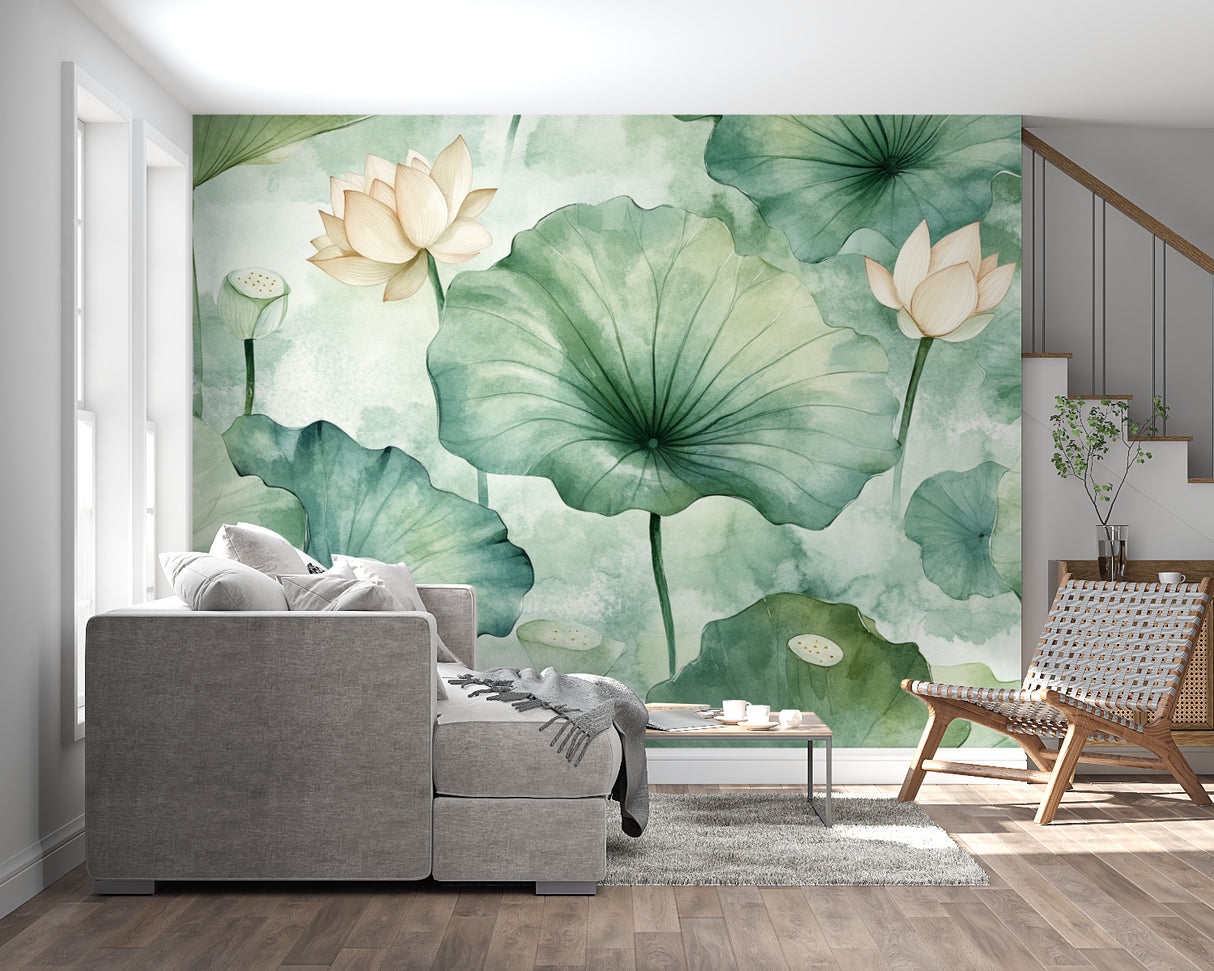 Green lotus wallpaper bringing nature into a peaceful bedroom setting