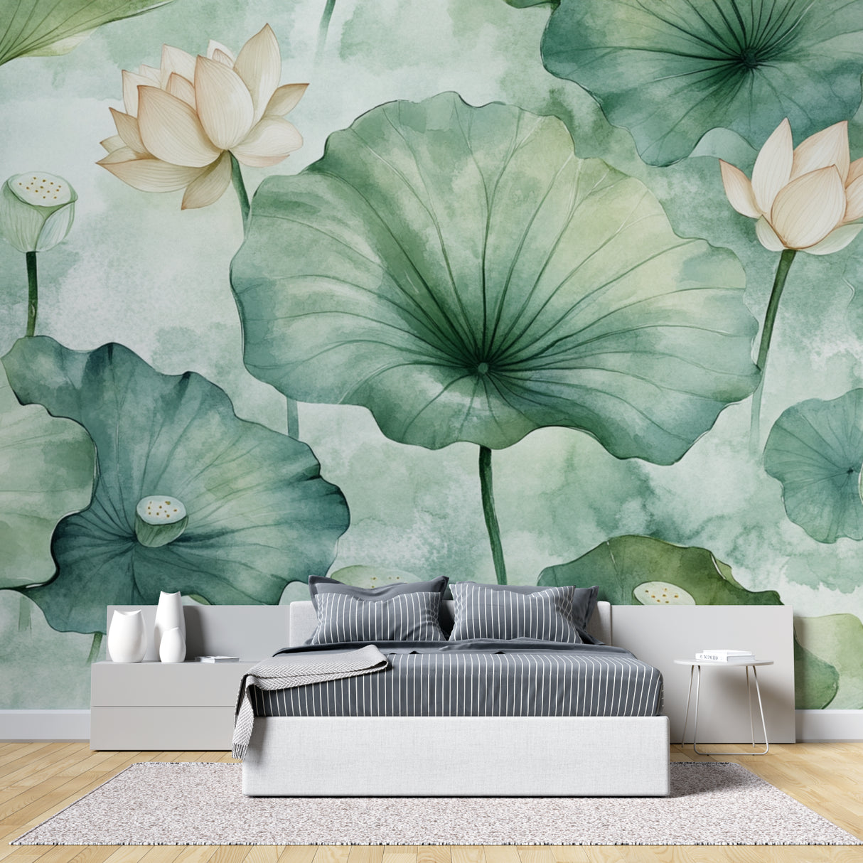 Botanical lotus mural making a stunning impact in a minimalist dining room