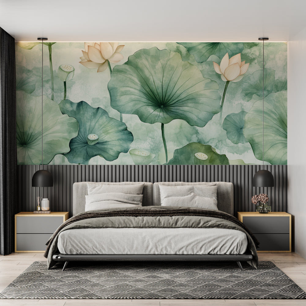 Watercolor lotus leaf design transforming a home office into a zen space