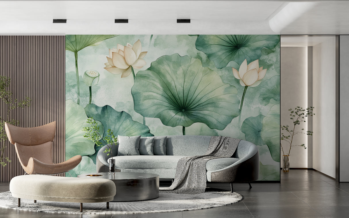 Green lotus wallpaper creating depth in a contemporary meditation room