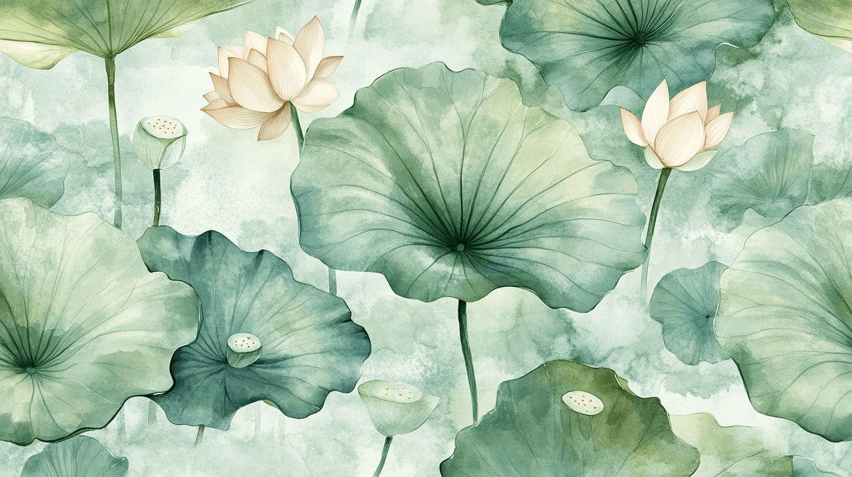 Lotus and green leaves design file showing intricate watercolor details and pattern