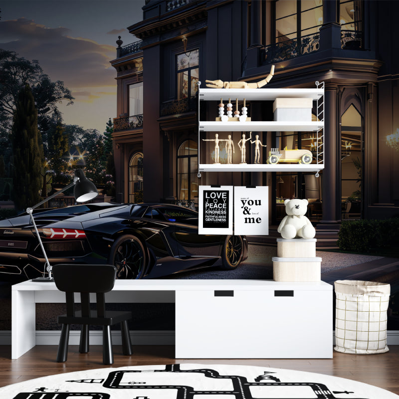 Modern mansion wall mural creating depth in master bedroom setting
