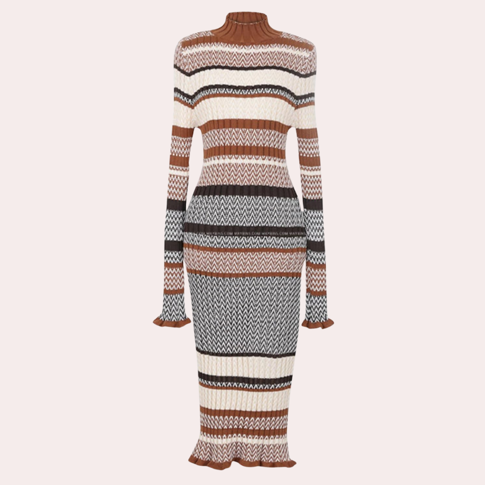Striped Knit Maxi Dress Wool Blend Turtleneck Design - Product showcase