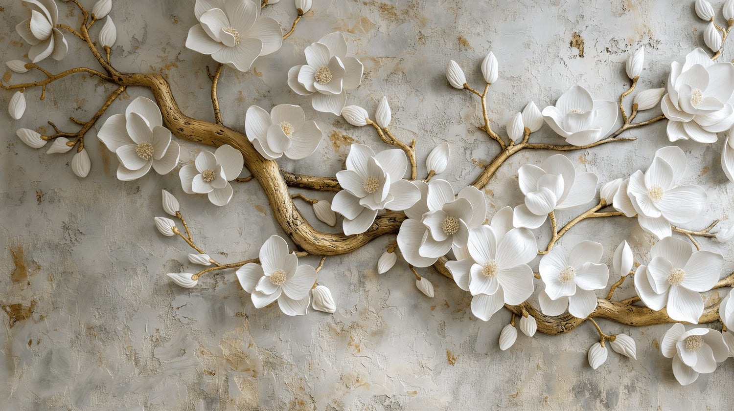 White magnolia and gold branch design file showing intricate 3D flower details and metallic accents