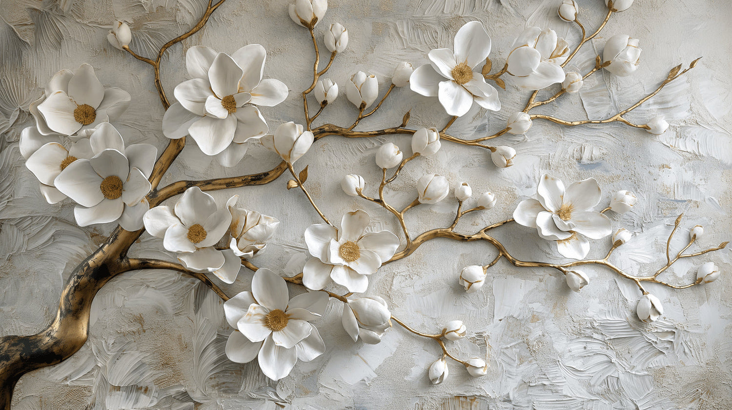 Stunning 3D white magnolia wallpaper creating elegance in a bright modern living room with grey sofa and golden accents