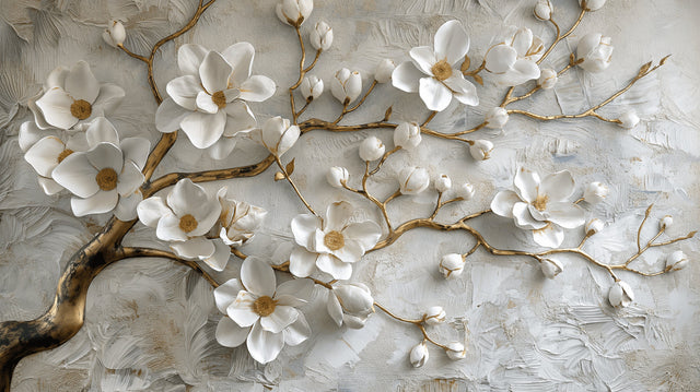 Stunning 3D white magnolia wallpaper creating elegance in a bright modern living room with grey sofa and golden accents