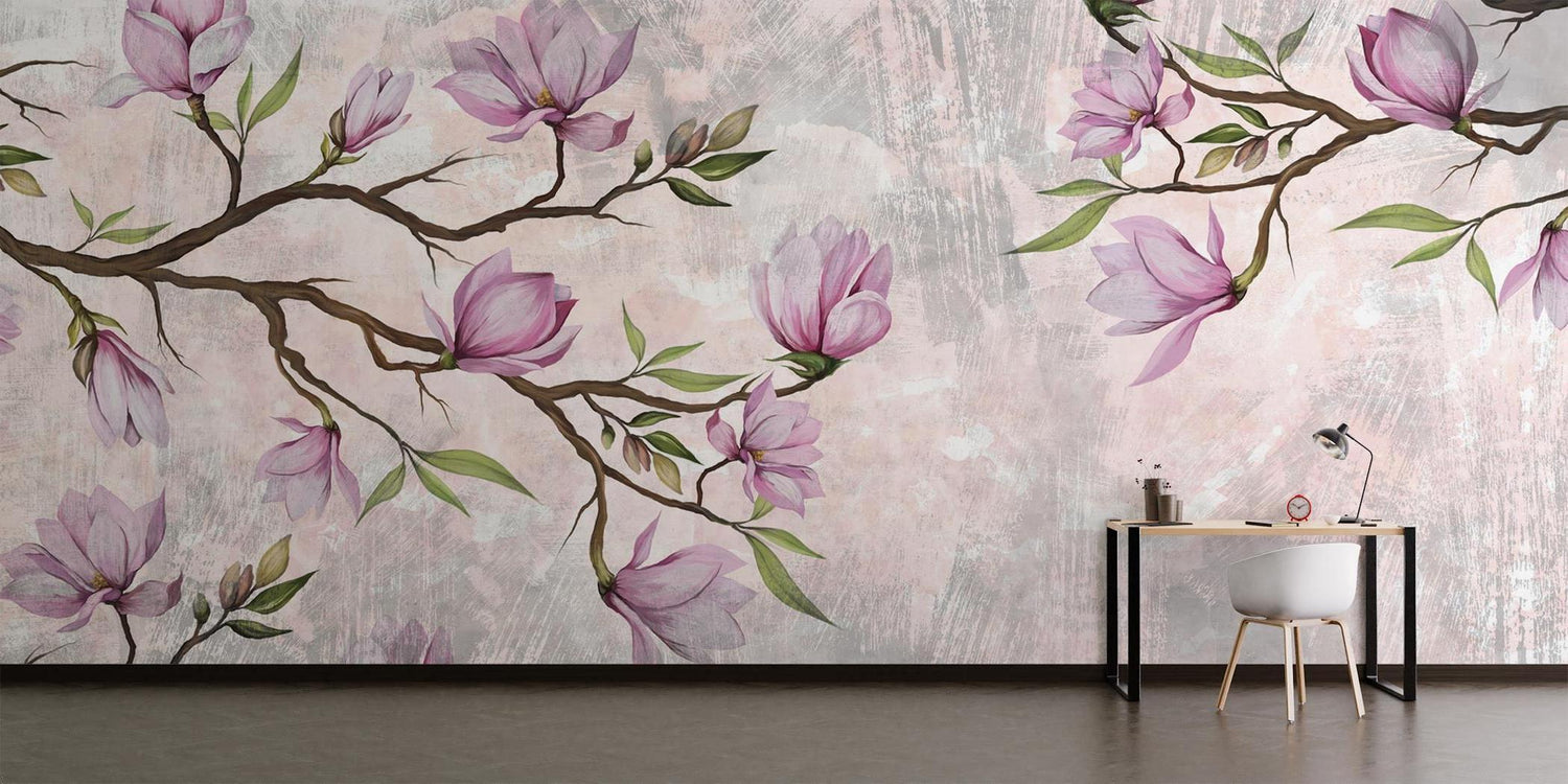 Watercolor magnolia wallpaper bringing spring feeling to home office space