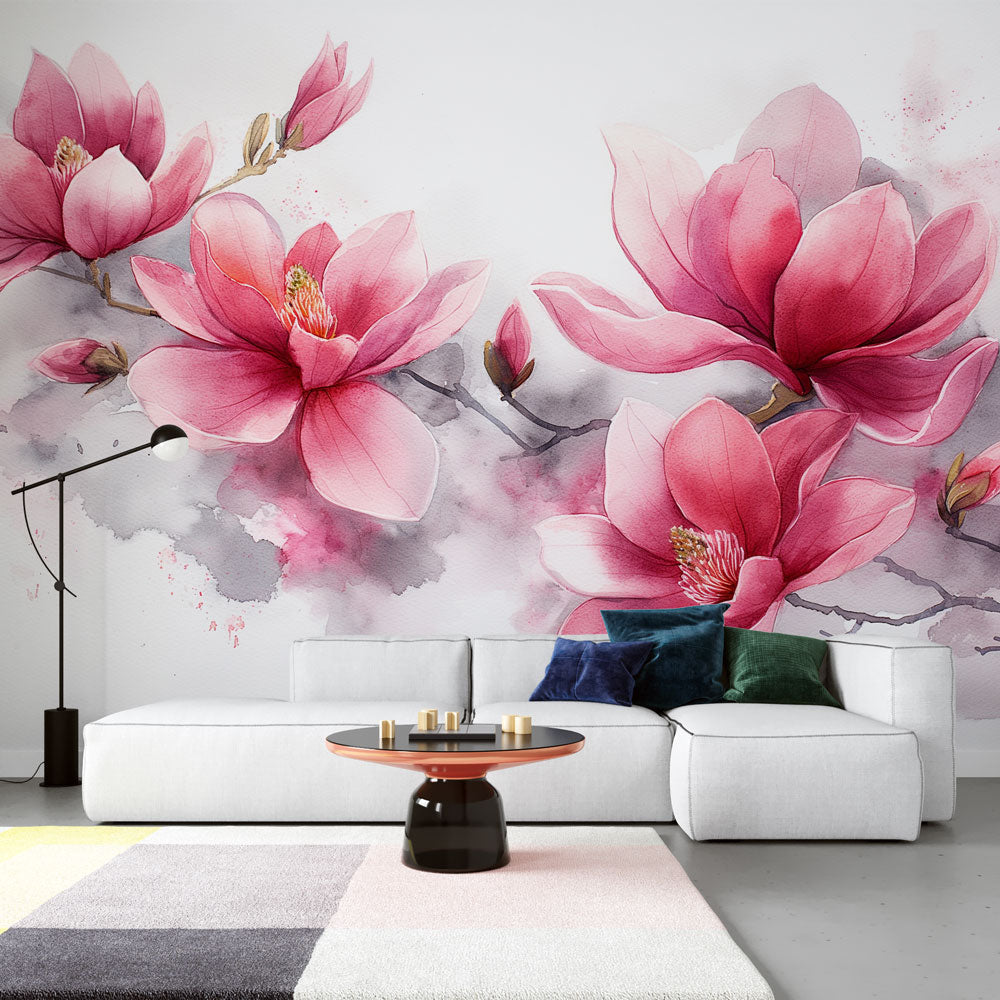 Magnolia wall mural creating a soft pink focal point in a bright modern bedroom with natural light