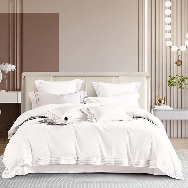 Egyptian Cotton Duvet Cover  Premium White With Striped Border - Product showcase