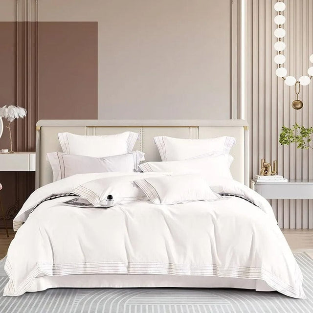 Egyptian Cotton Duvet Cover  Premium White With Striped Border - Product showcase