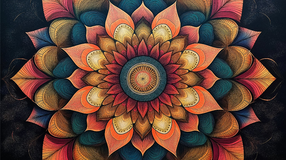 Mandala wallpaper design file showing intricate floral pattern with sunset color palette