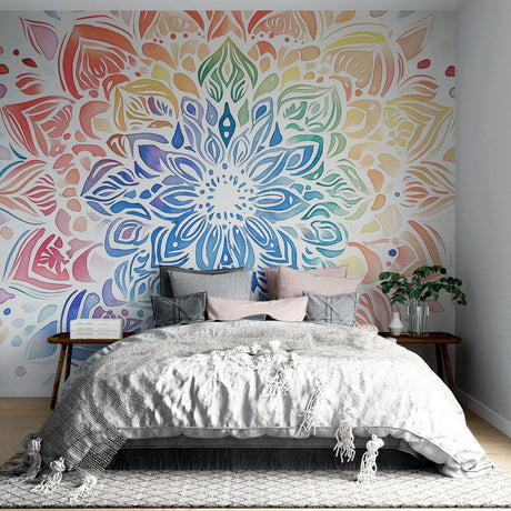 Rainbow Mandala wallpaper creating a peaceful meditation corner in a modern living room with natural light